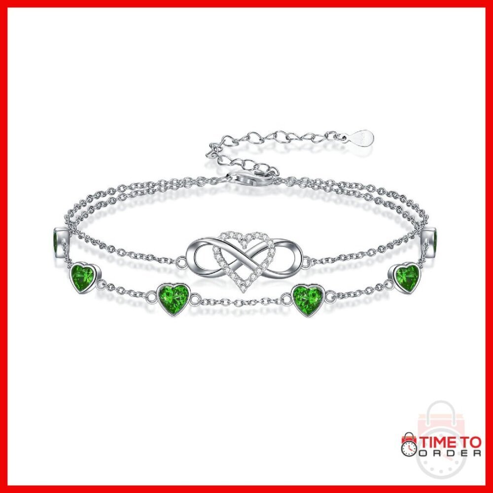 Sterling Silver Infinity Heart Birthstone Charm Bracelet Adjustable Anniversary